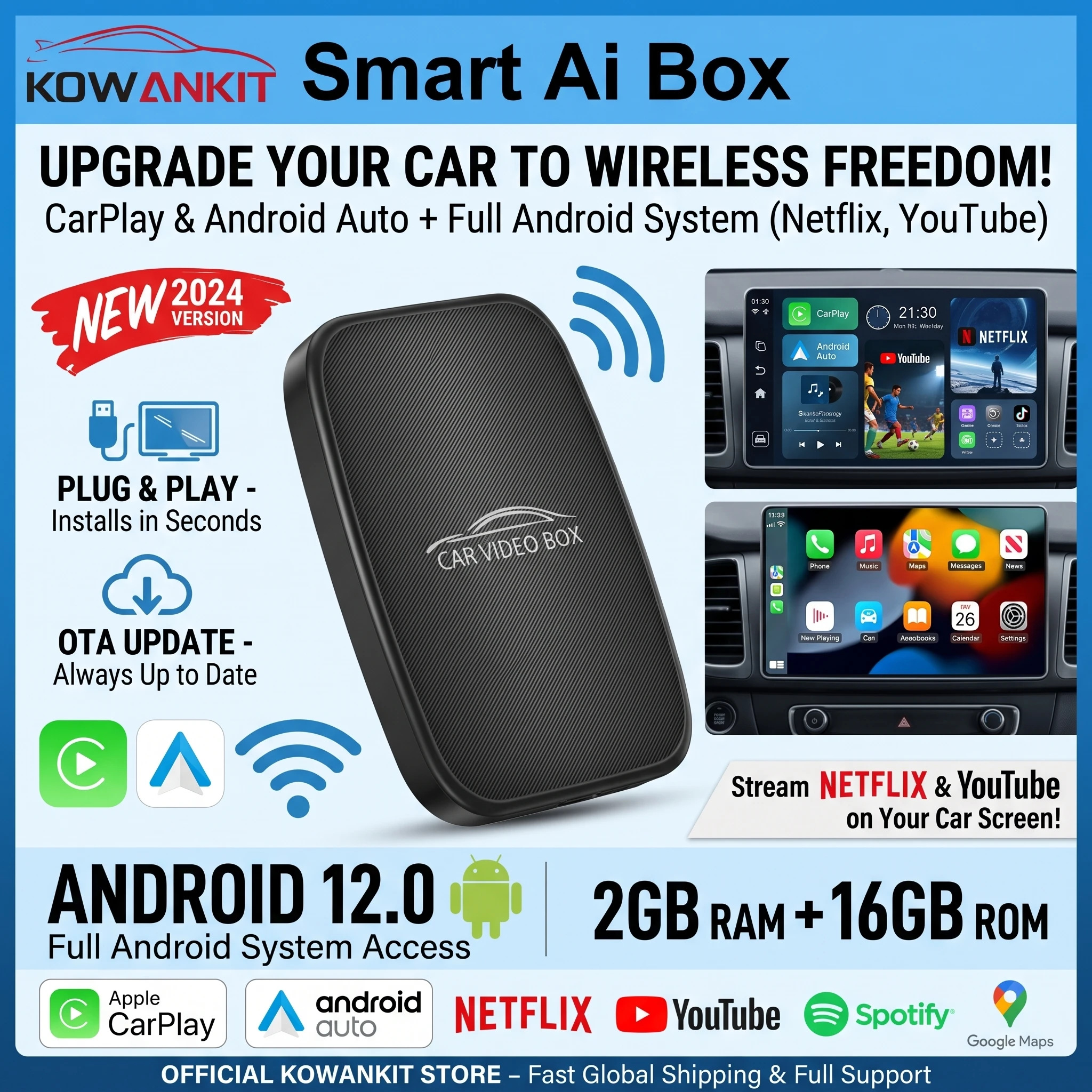 

2026 KowanKit 3 in 1 Wireless CarPlay Android Auto Mini AI Box Android TV For Youtube Netflix BT WiFi Plug Play Smart Adapter