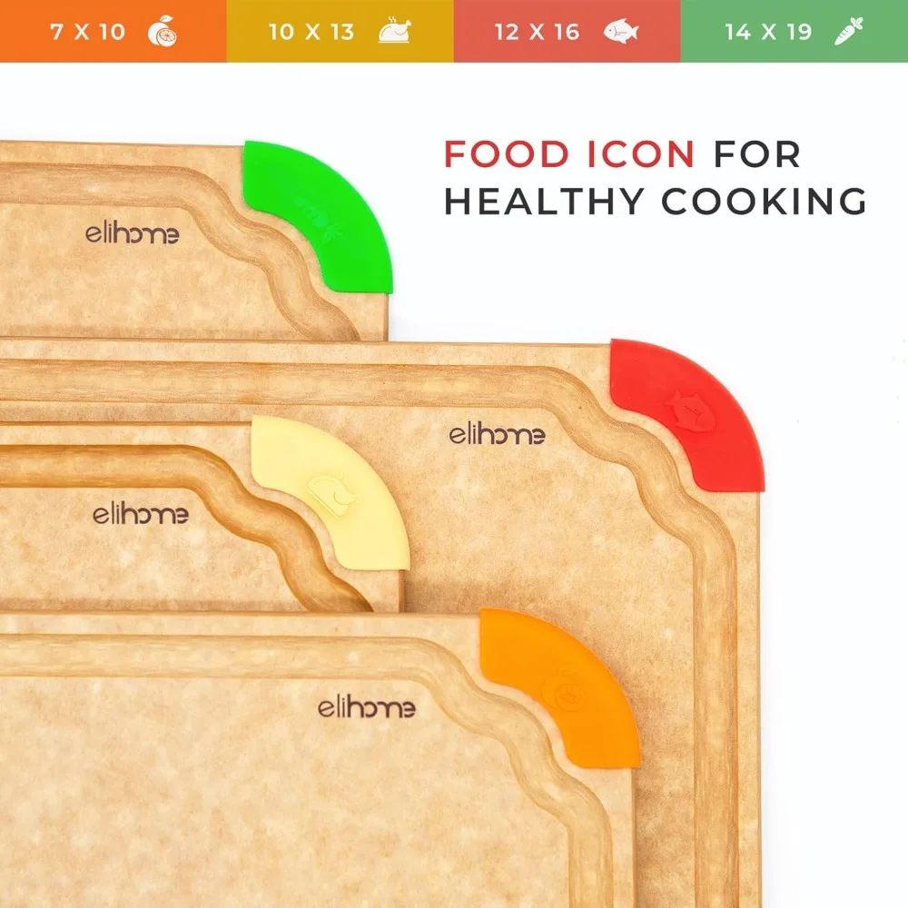Elihome Premium 3-in-1 Kitchen Cutting Board Set with Non-Slip Base, Color-Coded for Different Foods, Made of Natural Wood Fiber