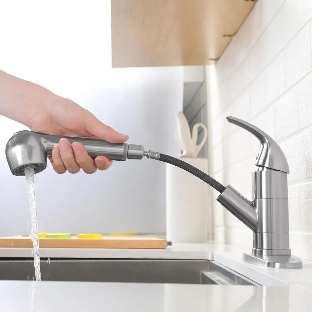 Grifo de cocina extraíble de una sola manija de níquel cepillado con rociador para fregadero pequeño de acero inoxidable