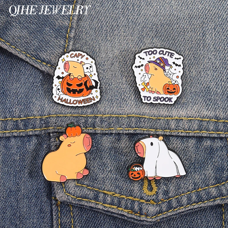 Capybara Kürbis Schädel Geist Fledermaus Emaille Pins Capy Halloween Zu Niedlich Zu Sachen Broschen Kleidung Revers Abzeichen Schmuck Zubehör