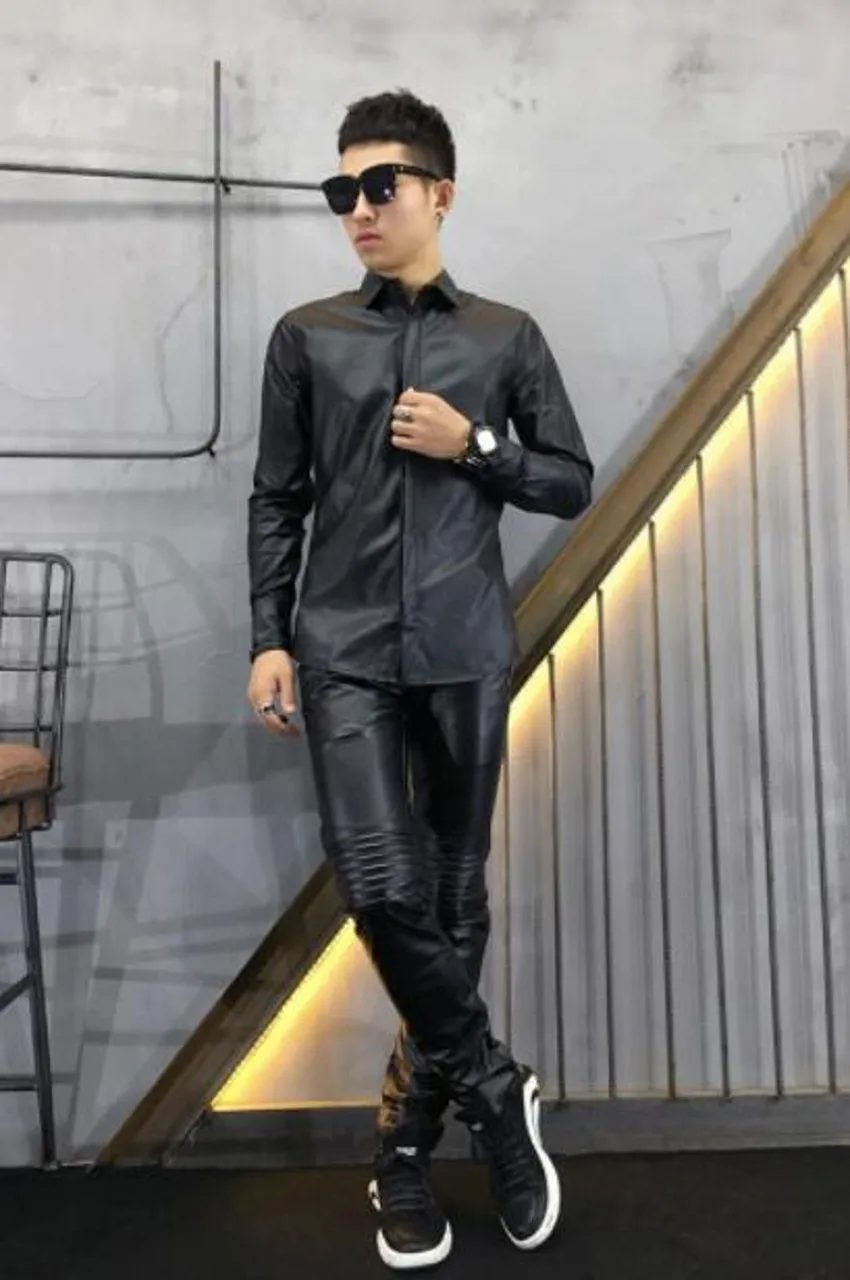 Hot Spring New Imitation Sheepskin Washed Leather Long-sleeved Shirt 2025 Men's Trend Korean Slim Leather Shirts Dark Blue Coats