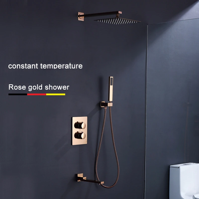 Luxury Full Copper Rose Gold Shower System with Constant Temperature Control and Concealed Wall Mount for Bathroom