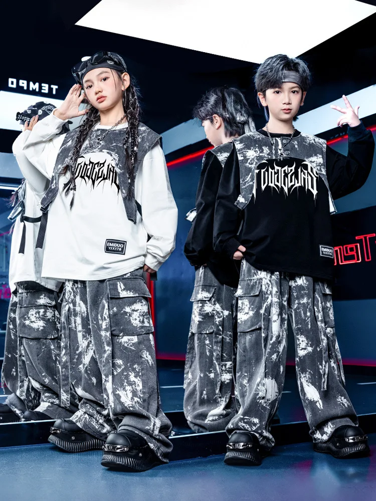 طفل ملابس رقص الجاز الهيب هوب المرحلة زي أسود علوي شافل السراويل الطفل في سن المراهقة شارع الرقص تظهر الأداء الزي VDL4651 #3