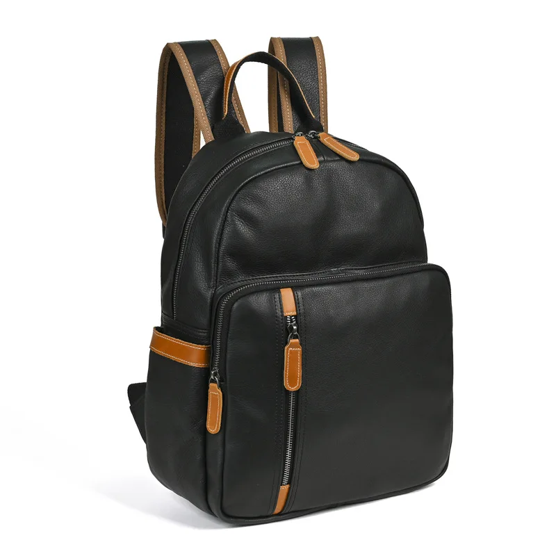 Full-grain leather backpack for men and women,  large capacity, color-block design, soft leather school bag for students