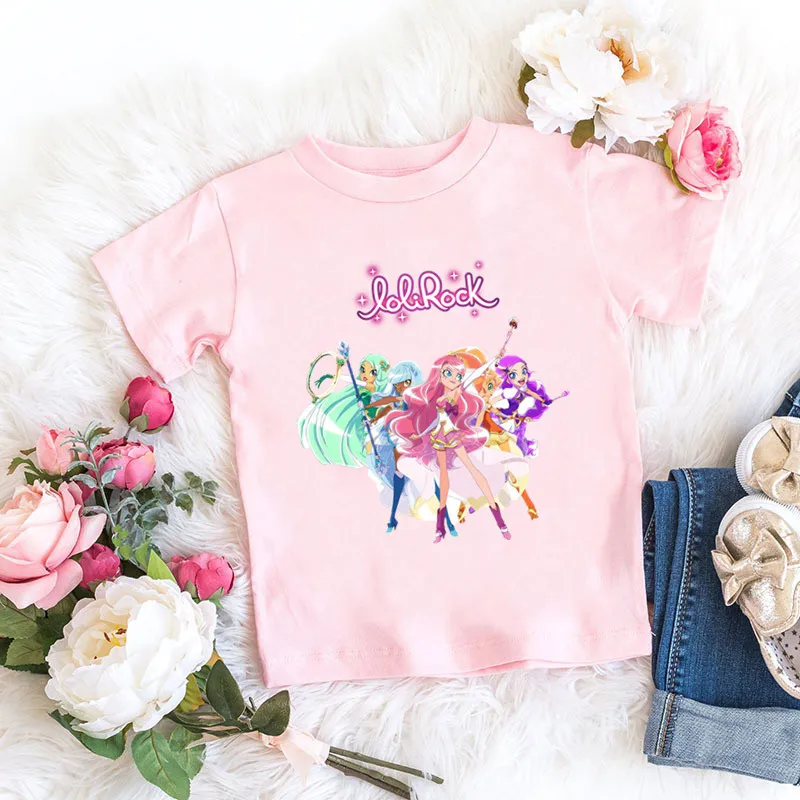 LoliRock Magical Girl Print Cartoon T shirt For Girls Cute Kids Tops Summer Baby Clothes Pink Cotton Children T-shirt,GKT5142