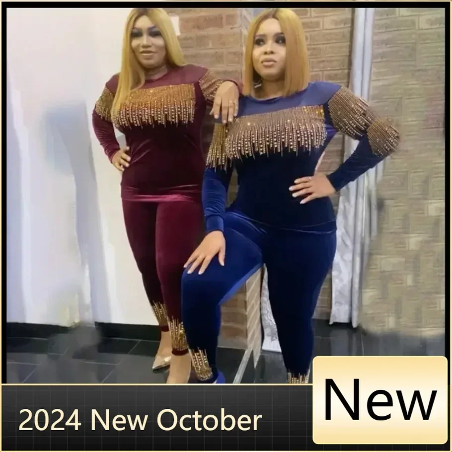 

Customized Fashion stretch pleuche women's suit with diamond bead decorative long-sleeved trousers