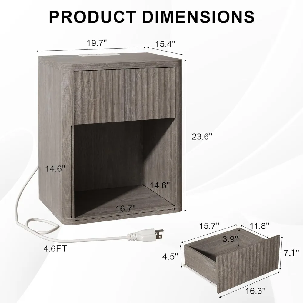 Set of 2 Nightstands, Nightstand with Charging Station & LED Light, Fluted Night Stand with Drawer, Mid Century Modern Bedside T