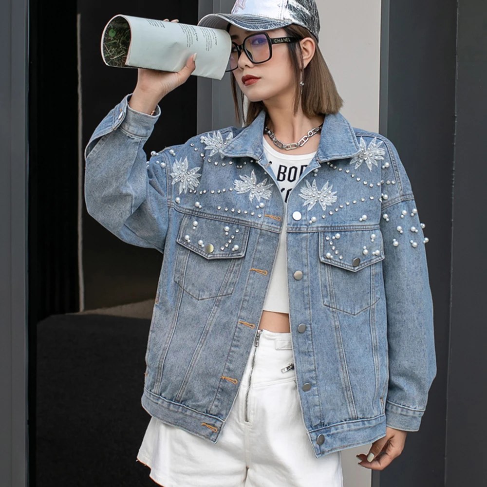Autumn Winter Heavy Industry Nail Bead Denim Coat Women Retro Design Pearl Decor Single Breasted Style Cowboy Solid Jacket Top