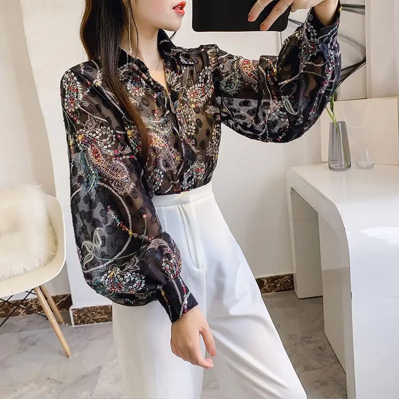 2024 New Spring and Autumn Streetwear Chiffon Blouses Long Sleeved Loose Lantern Sleep Polo Collar Printed Women's Shirt Top