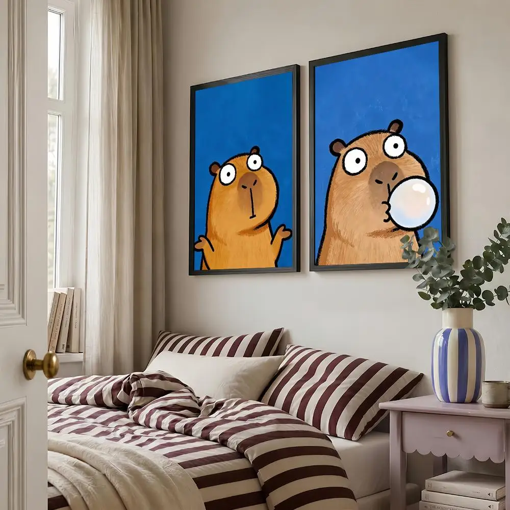 Cartoon Capybara Cute Blue Poster Living Room Bedroom Bar Cafes Wall Home Decoration Gifts
