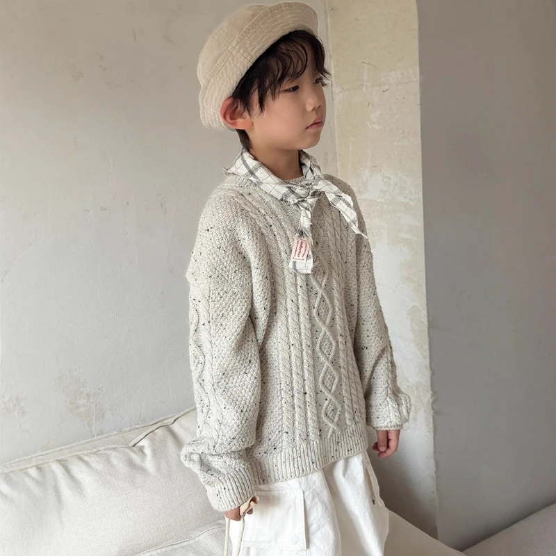 

Новинка 2025, осенне-зимний детский модный вязаный свитер из жареного теста с ромбовидным узором, однотонный свитер
