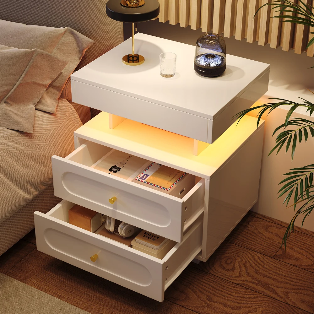 PINGGO LED-Nachttisch, 2 Schubladen, 1 offener Stauraum, weißer Nachttisch, Größe 100 x 40 x 60 cm, Schlafzimmermöbel – Detail 8