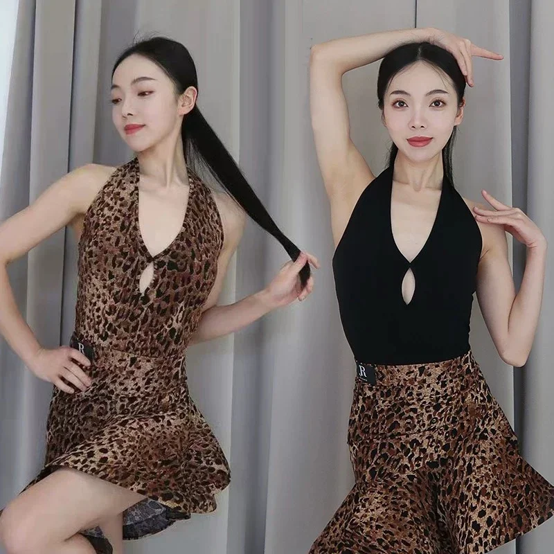 

Waltz Latin Dance Tops Adult Women Rumba Samba Dance Costume Sexy V-Neck Bodysuit Dancing Practice Tops Leopard Black