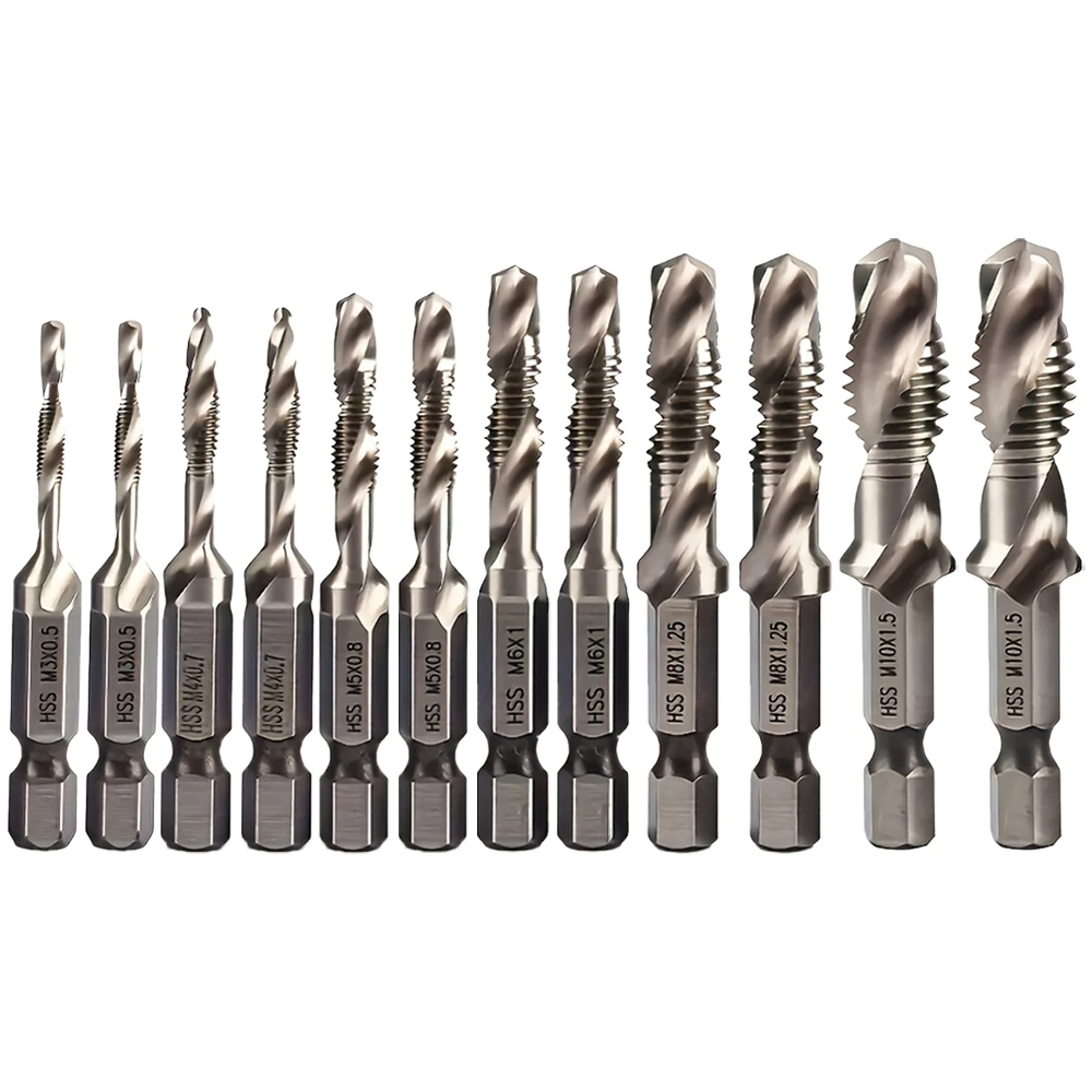 6pcs/12pcs M3-M10 Composite Screw Tap Drill Bit Set,Hex Shank,for Screw Tapping&Countersink Drilling,for Wood Plastic&Soft Metal