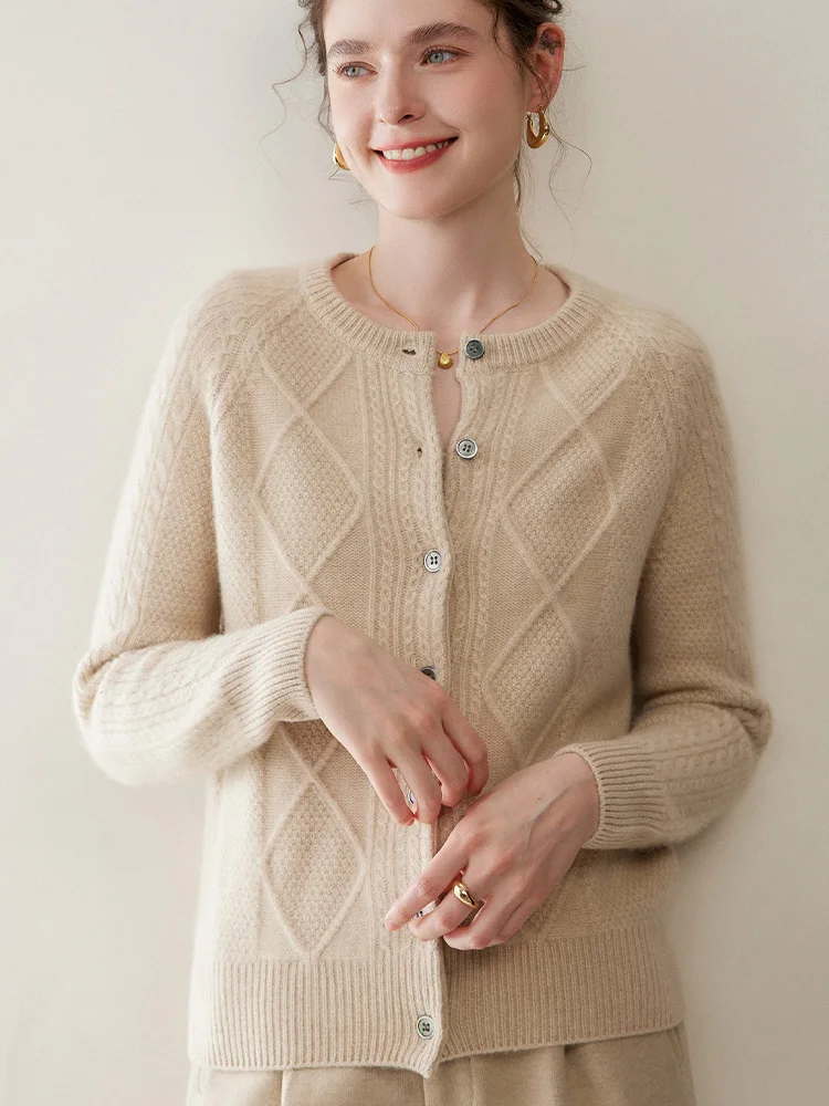 

TLOML Women's 100% Cashmere Sweater O-neck Cable Knit Buttons Cardigan Autumn Winter High Quality Cashmere Knit Coat Casual Tops