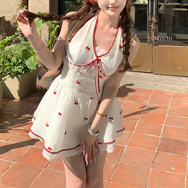 Mexzt doce impressão mini vestido feminino moda festa bonito rendas retalhos halter vestidos de verão y2k coreano decote em v bodycon vestidos