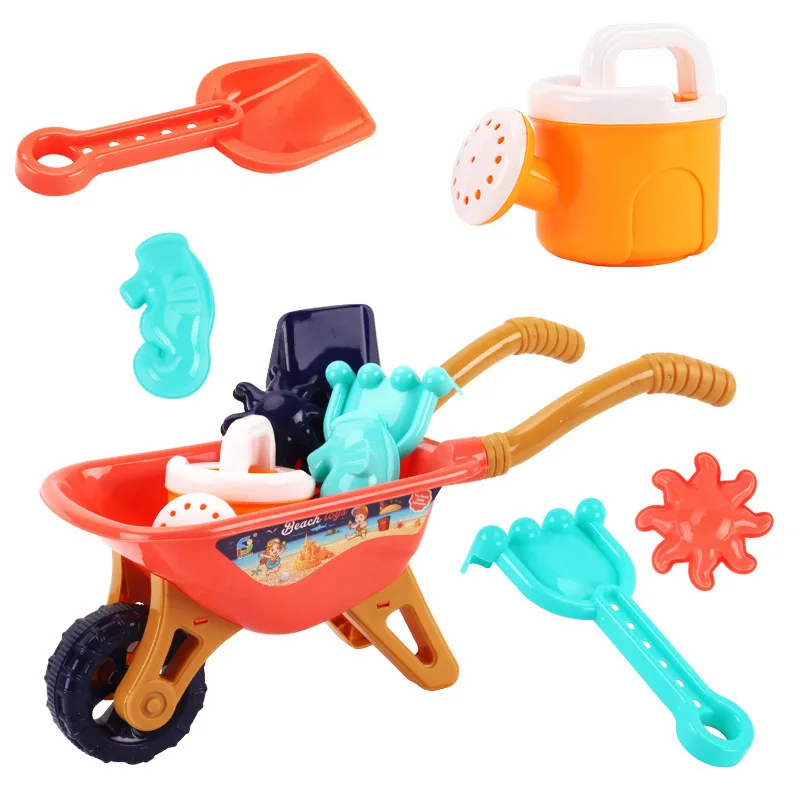 Summer Outdoors Children\'s Large Beach Toys Seaside Hand Pushcart Cartoon 6Pcs Sets Of Sand Digging Water Play House Toys Set