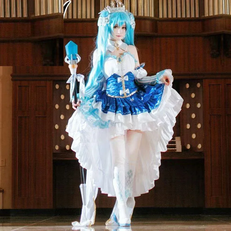 Snow Miku Anime Cosplay Full Suit Vocaloid Wig Costume Star and Snow Princess Dress Women Role-Play Emu Otori Halloween Party