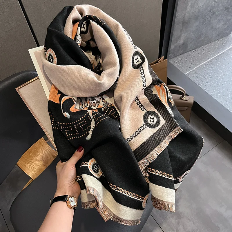 Luxury Winter Faux Cashmere Scarf Women 2025 fashionable Little horse thickened European and American warm Shawl image 4