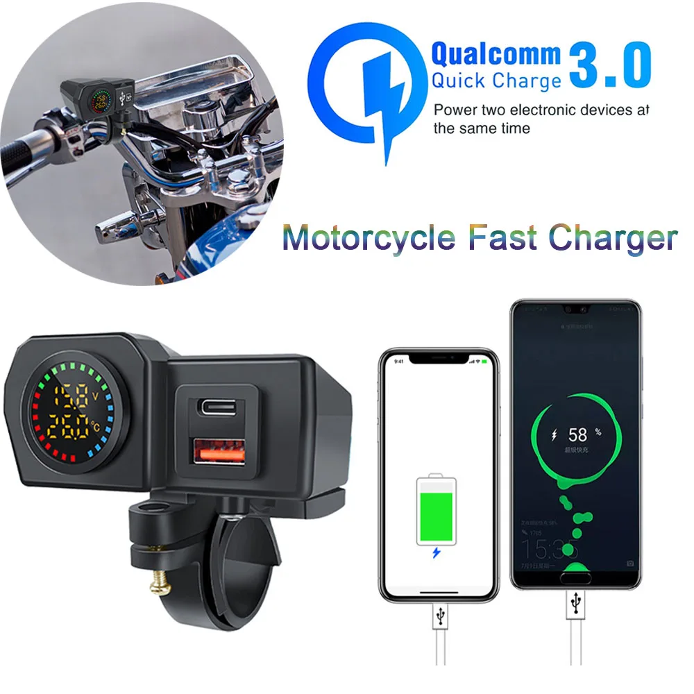 

Quick Charger QC3.0+PD Waterproof Socket Motorcycle Handlebar & Rear Mirror Phone Power Adapter Digital Voltmeter Thermometer