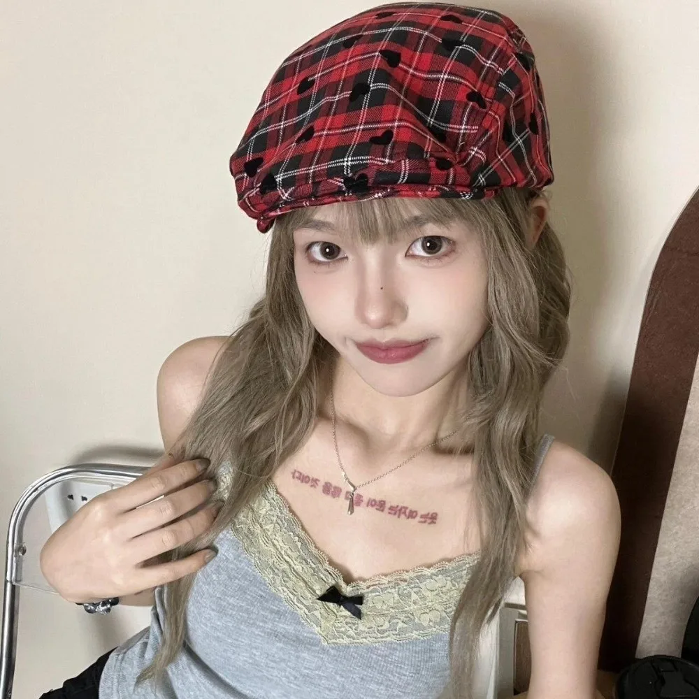 

Retro Vintage Women's Beret Japanese Star Heart Newsboy Cap Y2k Plaid Versatile Painter Cap Streetwear
