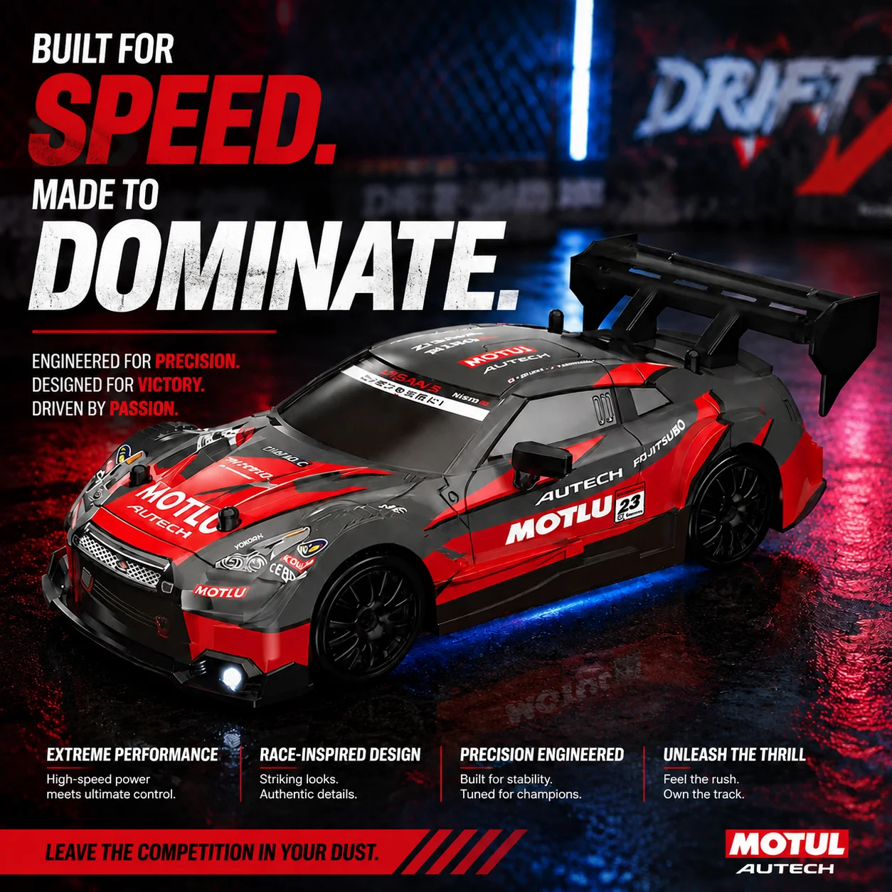Carro de Drift em Escala 1:43 com Tração nas Quatro Rodas, Modelo de Carro Elétrico com Controle Remoto para Meninos, Brinquedo com Luzes, Carro de Corrida