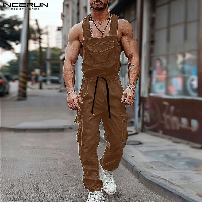 

INCERUN 2024 Men Jumpsuits Solid Sleeveless Drawstring Loose Straps Rompers Streetwear Pockets Fashion Casual Cargo Overalls Men