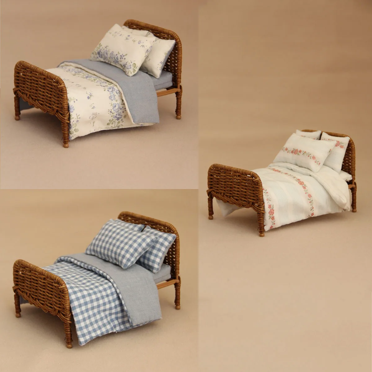 

1:12 Miniature Simulated Rattan Crib with Bedding Three-Piece Set Mini Bed Suitable for Children's Playhouse Decorations