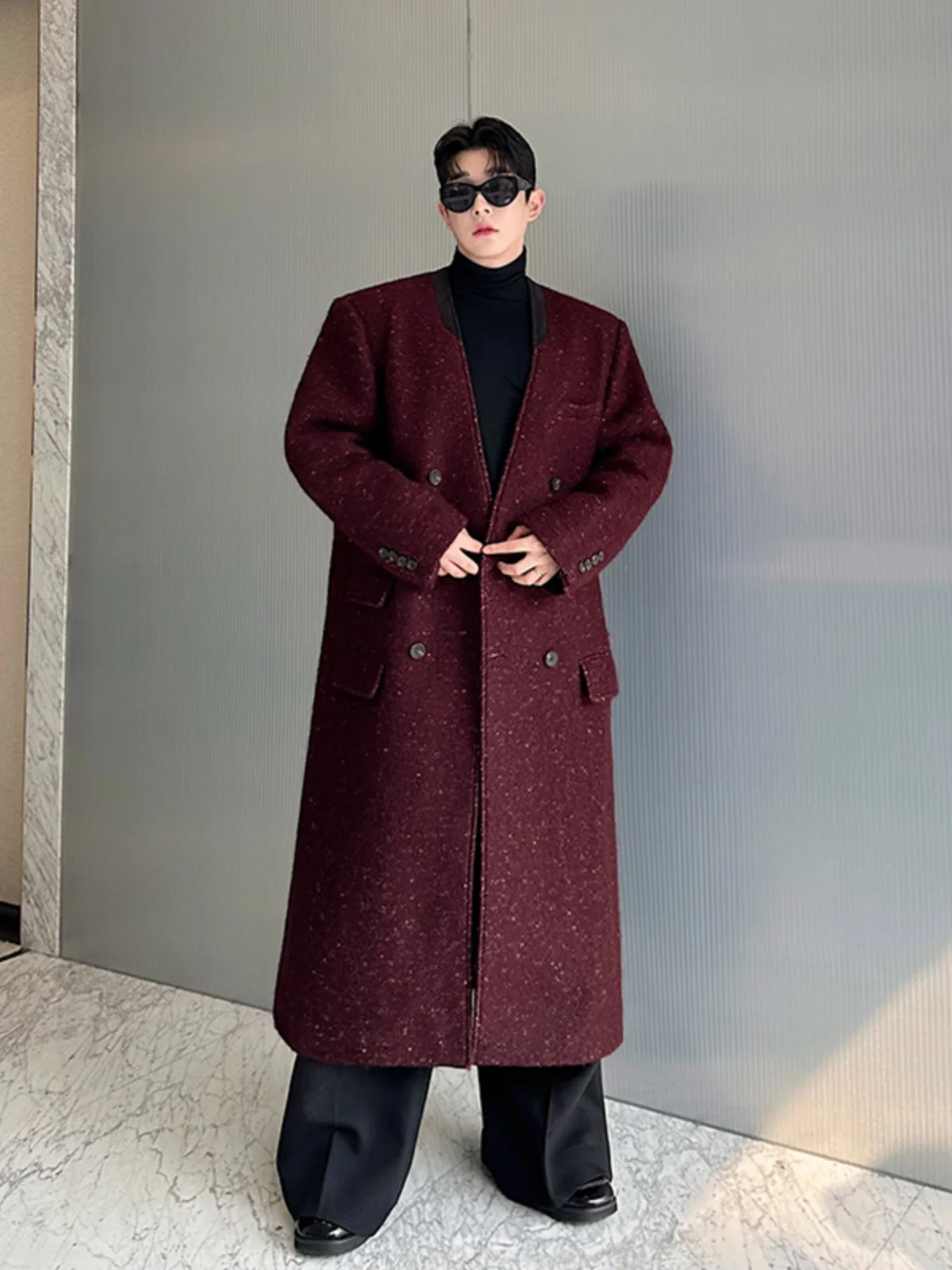 

Свободное шерстяное пальто выше колена, мужское модное длинное двубортное пальто без бренда, молодежный модный большой кожаный воротник с V-образным вырезом