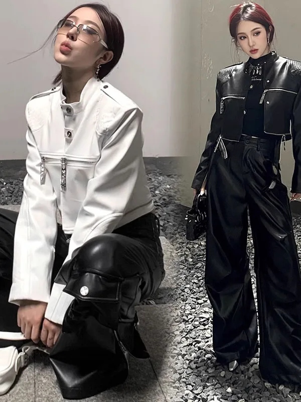 

Весна 2026: Женская куртка из искусственной кожи с дизайном «паутина», подплечниками, молниями и длинными рукавами, свободного кроя, для повседневной носки