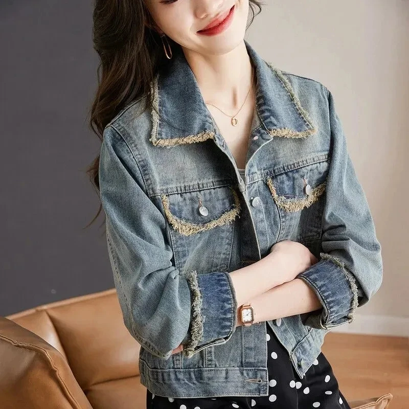 Women New  Jeans Coat High Waisted Burr Edge Denim Coat Female Early Autumn Fashion Loose Fit Versatile Denim Burr Edge Jacket