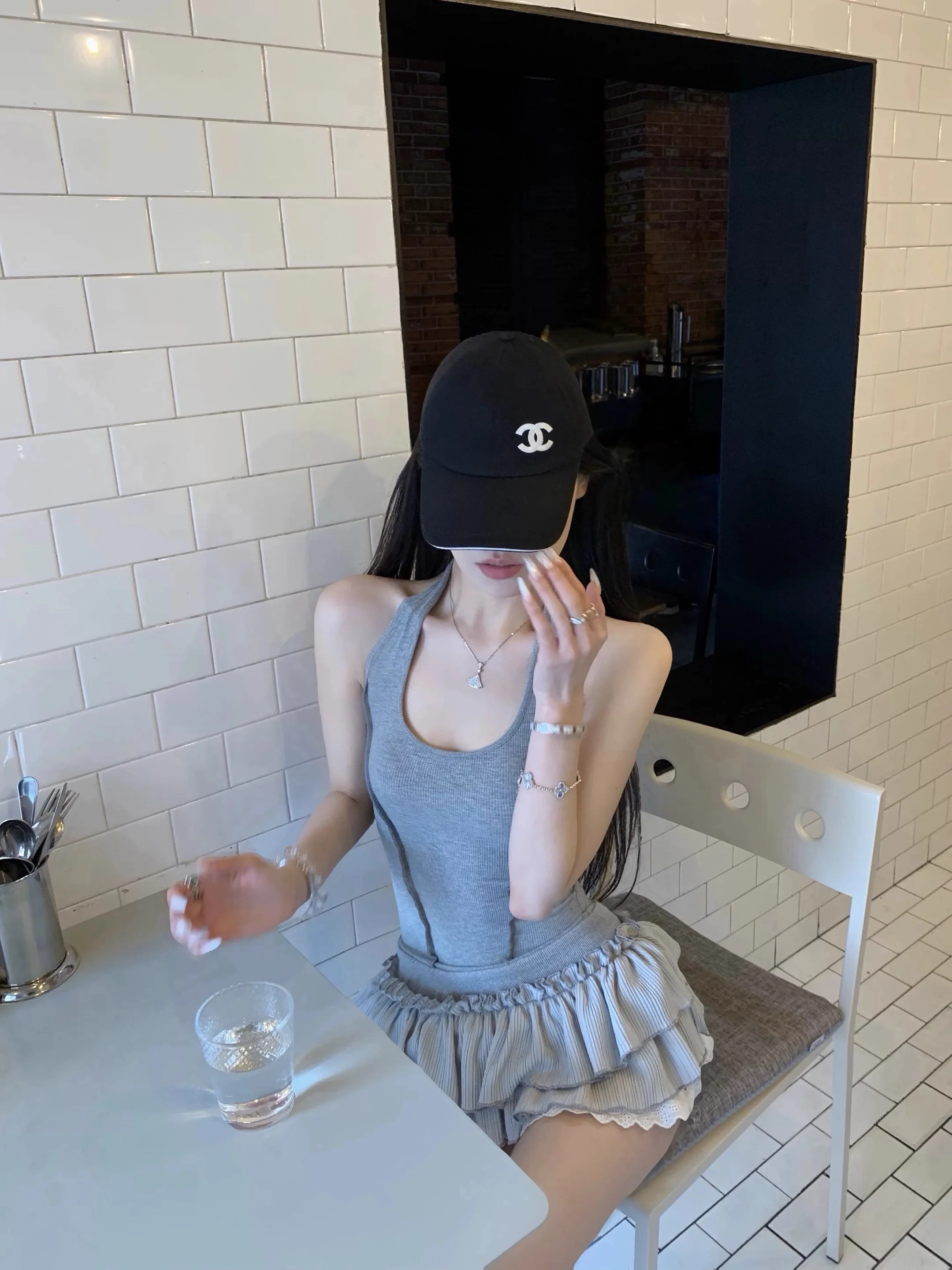 Gray Sexy Sleeveless Neck Hanging Design Women's Dress Summer Slim Fit Waist Cinching Cake Skirt Korean Style City Commute