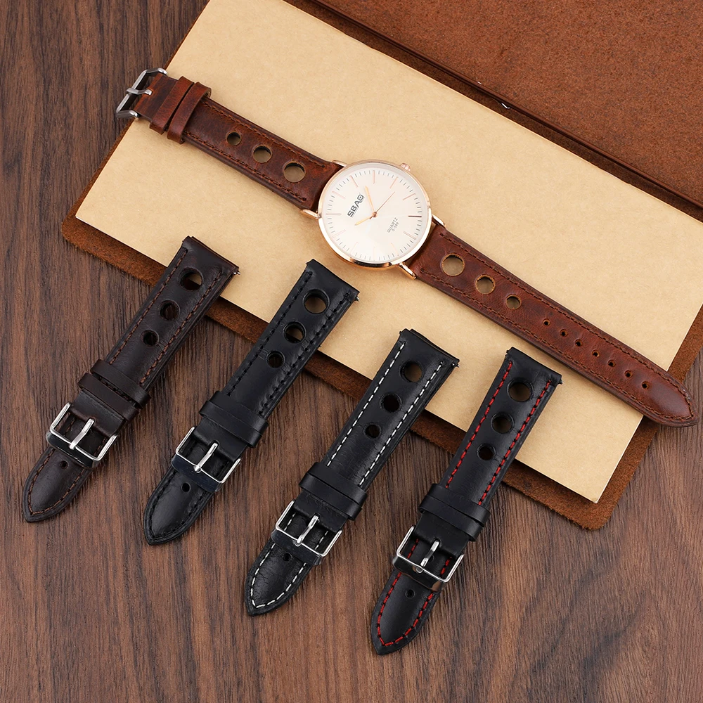 Leather Watchband Breathable Crazy Horse Oil Wax Watch Strap 18mm 20mm 21mm 22mm Quick Release Wristband Pin Buckle Band