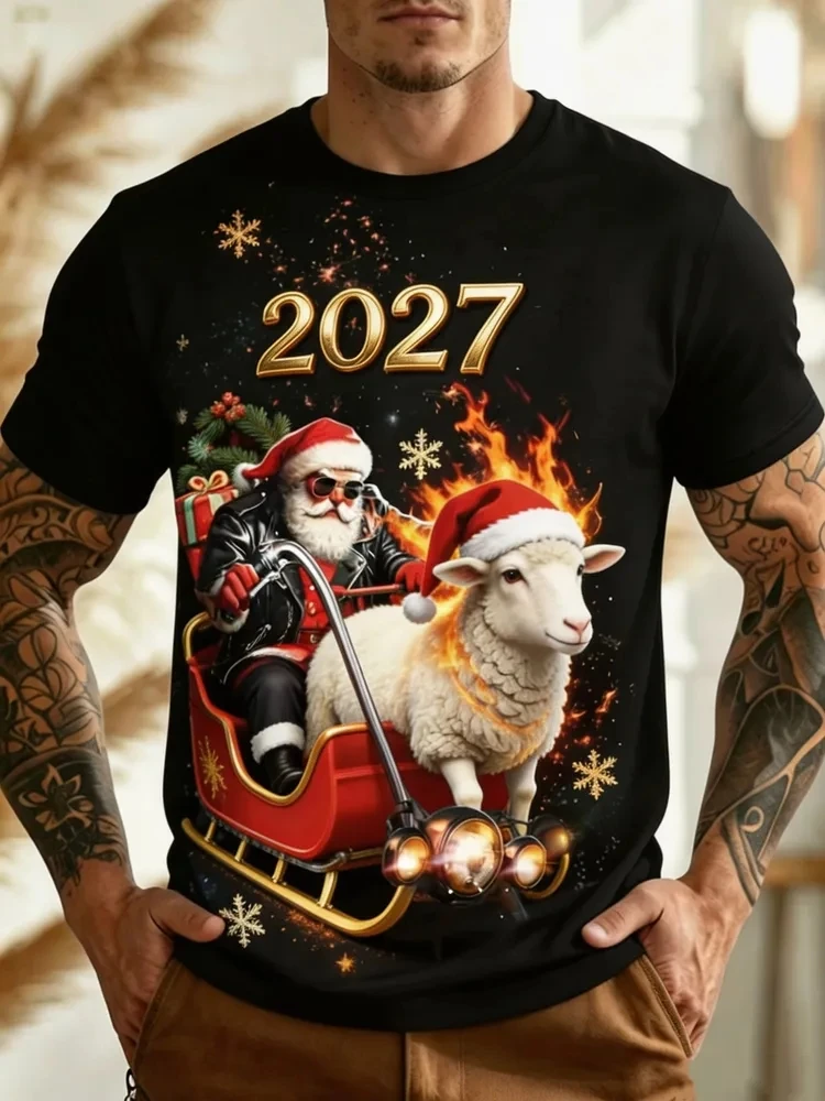 2027 Sheep Year Christmas 3D Costume T-Shirt For Men Funny Santa Claus Design Christmas Outfit For Xmas Gathering Men's Clothing