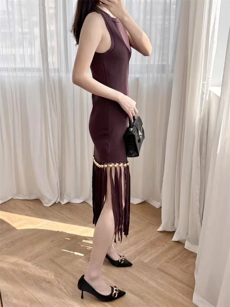 

Spring Summer New Fashion Knitted Tank Tassel Dress Women Temperament Elegant O-neck Slim Sleeveless Robe Ladies