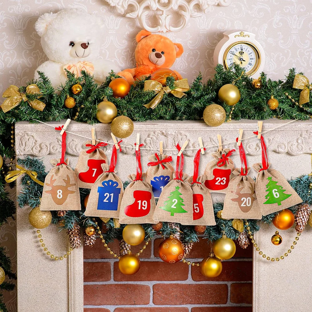 24-teilige Weihnachts-Adventskalender-Taschen, Sackleinen-Countdown-Kalender, Kordelzug, Geschenktüte, Beutel für Weihnachten, Geburtstag, Party, Dekoration