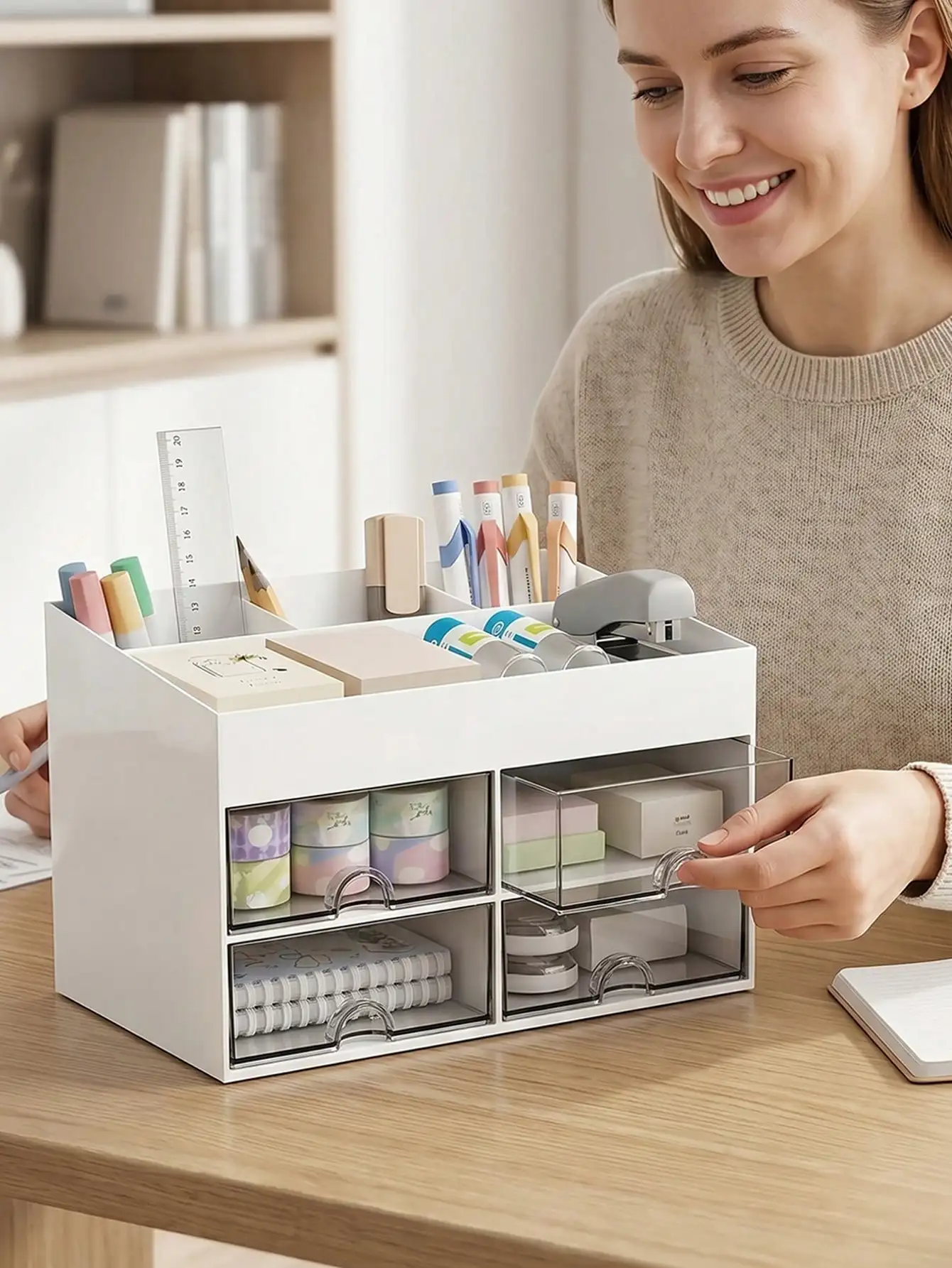 1pc Mini Desktop Organizer With 4 Drawer, Multi-Functional Pencil Pen Holder For Desk, Simple And Creative Stationery & Office Supplies Storage Box For School, Office, Dorm, Multi-Compartment Organizer, Makeup Organiser