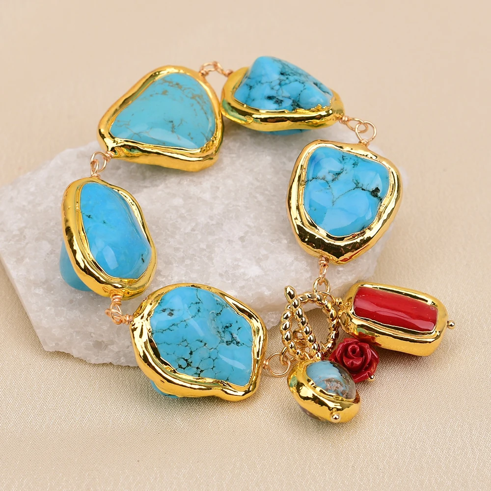 G-G Blue Turquoise Freeform Nugget 24K Gold Plated Red Coral Murano Glass Beaded Bracelet Ethnic style Lady Gifts