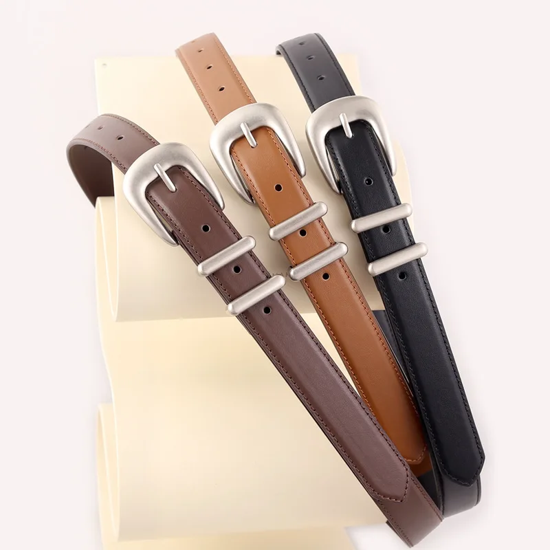 Fashion trendy retro silver buckle leather belt unisex high-end first-layer cowhide belt women