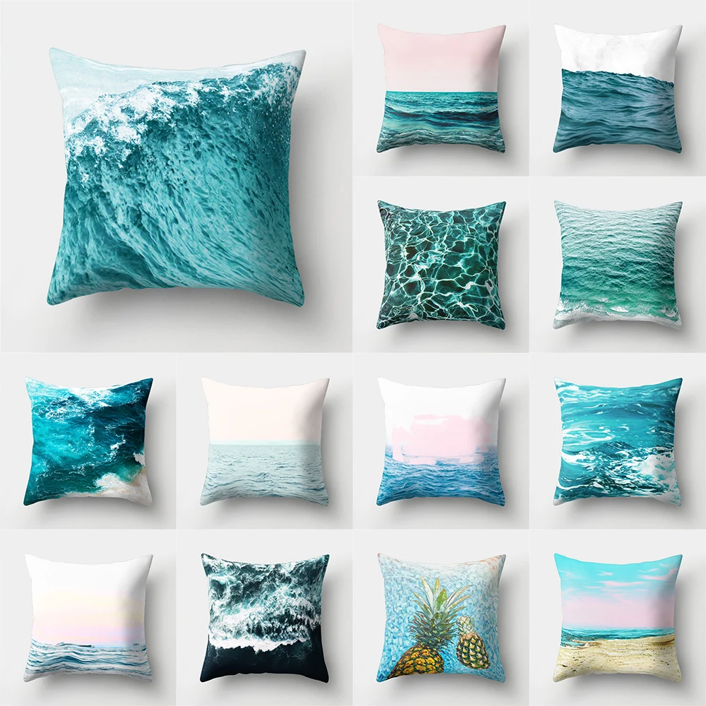 Seaside Wave Beach Scenery Print Pattern Cushion Cover Home Living Room Sofa Decoration Square Polyester Pillow