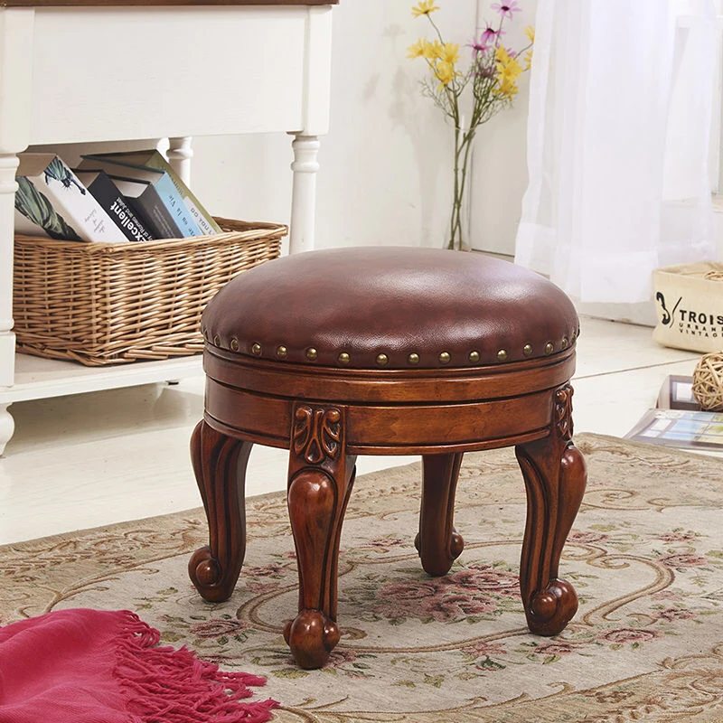 

American coffee table stool all solid wood sofa stool European small round living room home low leather