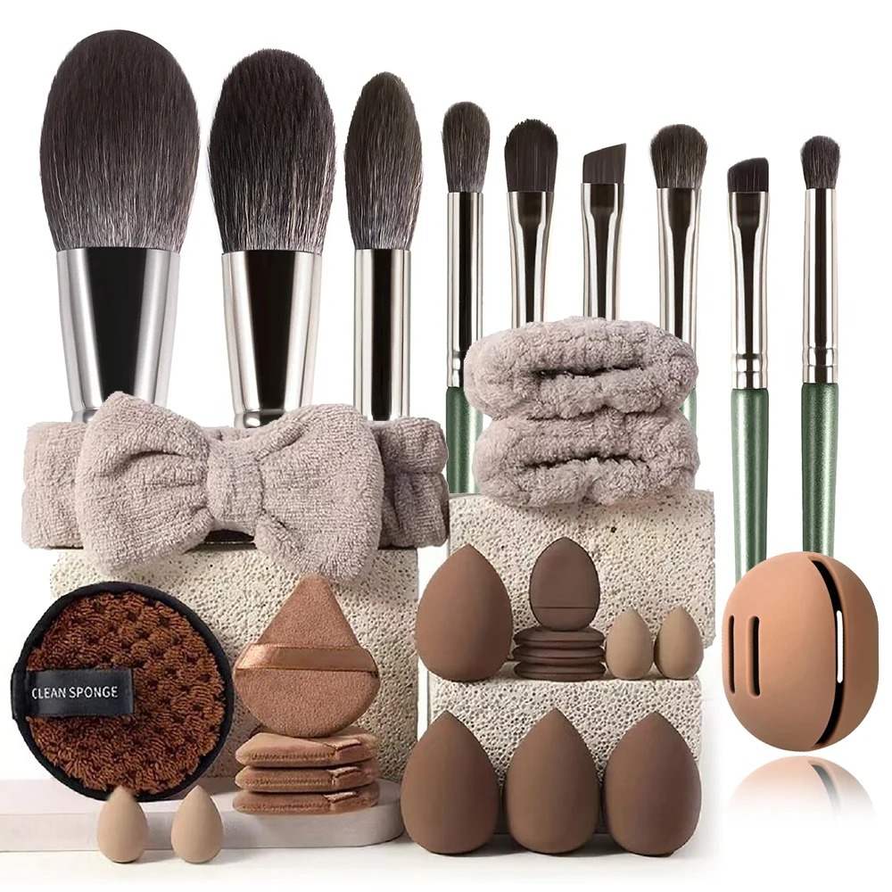 メイク道具30点セット - メイク道具9点+パウダーパフ17点セット+メイクスポンジホルダー、ヘアバンド、リストバンド