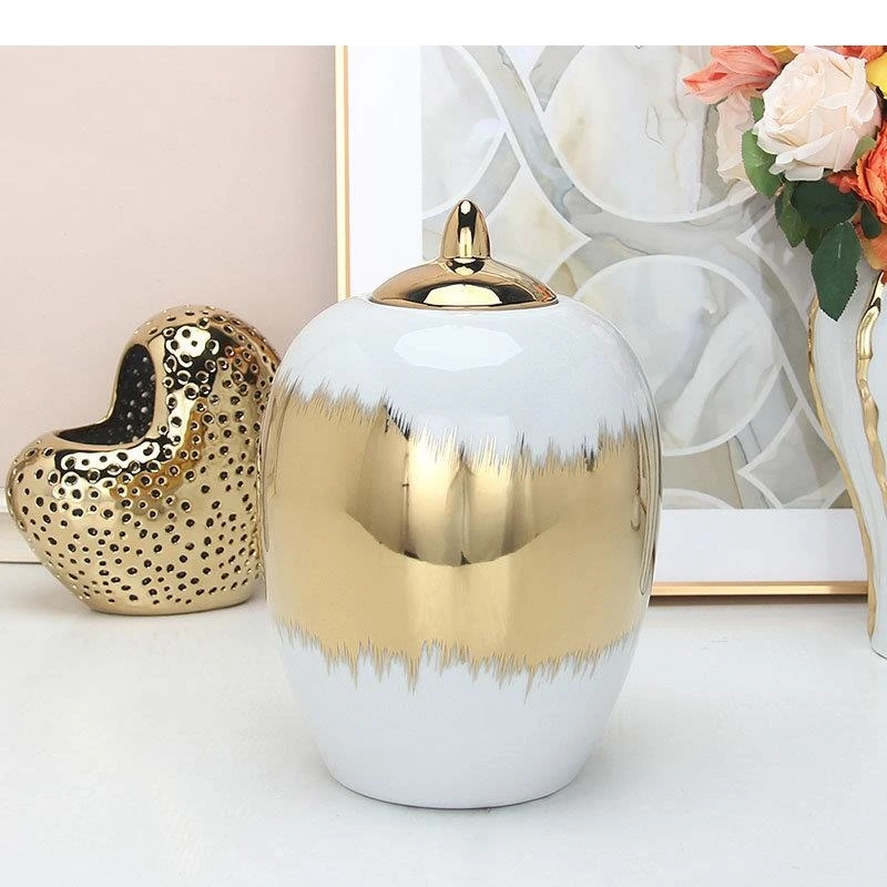 Gold Pattern Ceramic Storage Jar Artificial Flower Decorative Vase Porcelain Jewelry Jars Cosmetic Containers Desk Decoration