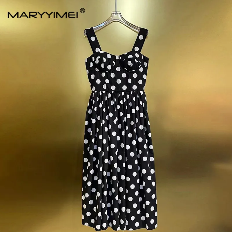 MARYYIMEI Summer Women\'s Dress Cotton Square-Neck Spaghetti Strap Backless Dot Print High Waisted Pleated Dresses