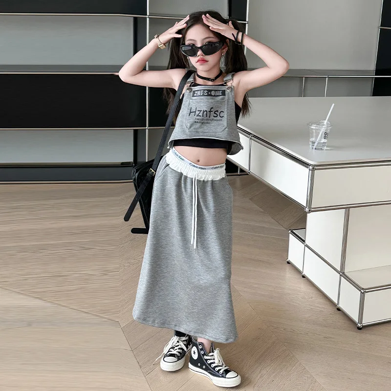 New Children\'s Set Summer Girls Personalized Fashion Tank Top+Casual Half Skirt 3pcs Set Princess Street Clothing Youth Clothing