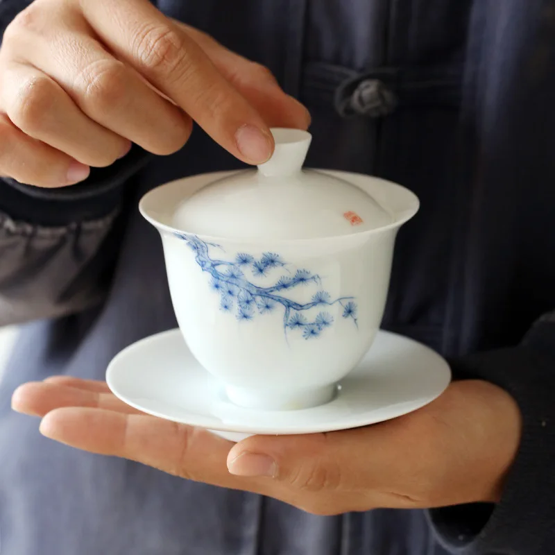 Jade Mud Hand-Painted Ceramic Whiteware Three-Force Cover Bowl Large Kung Fu Three-Force Bowl Handmade Ceramic Tea Cup Gaiwan