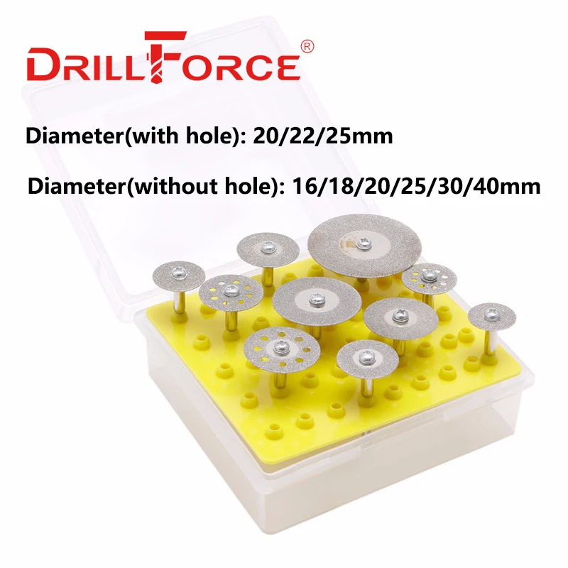 Drillforce 10PCS 16-40mm Mini Diamond Cutting Disc With Mandrel 16/18/20/22/25/30/40mm For Dremel Grinding Abrasive Saw Blades