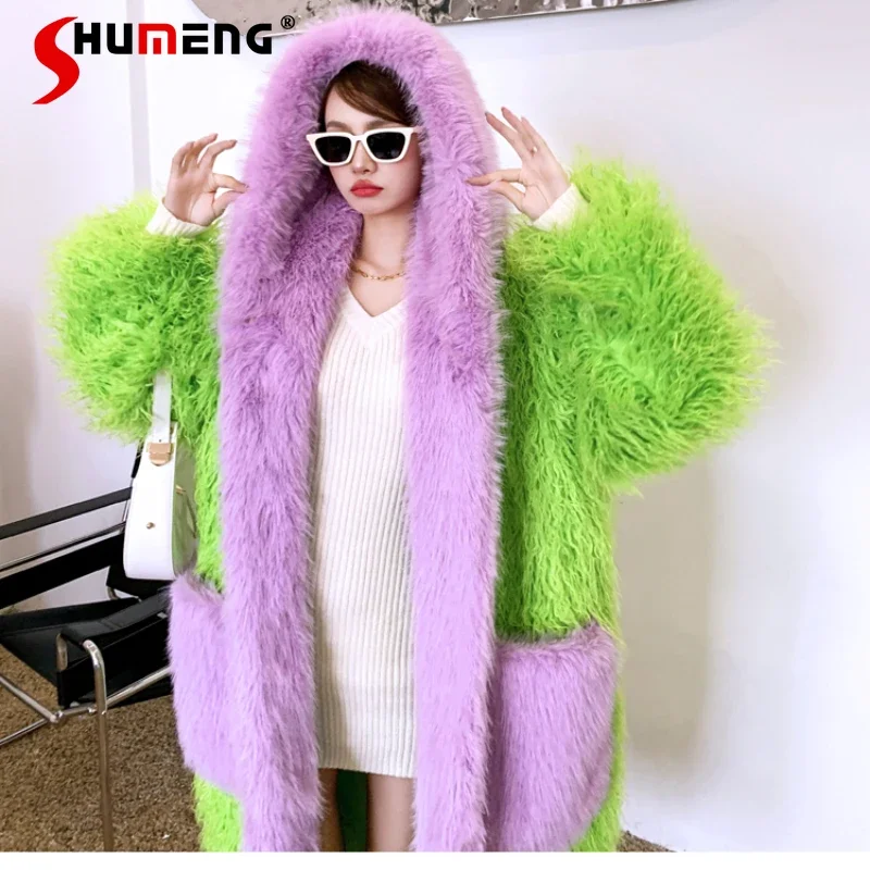 

Fruit Green Environmental Protection Fur Long Loose Large Lapel Packet Furry Coat Lamb Wool Cotton Padded Thick Jacket For Women