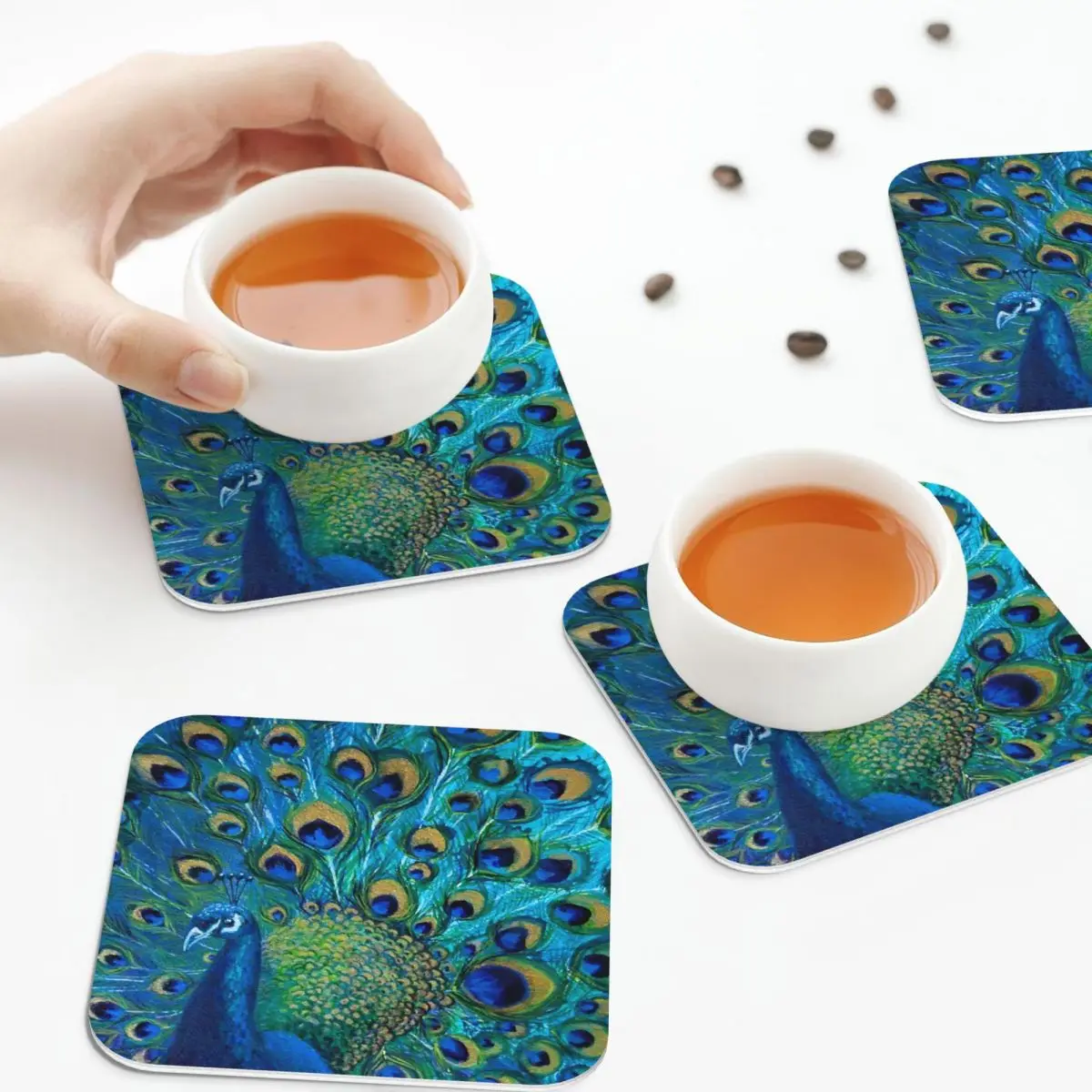 Peacock Full Glory Coasters PVC Leather Placemats Waterproof Insulation Coffee Mats for Home Kitchen Dining Pads Set of 4