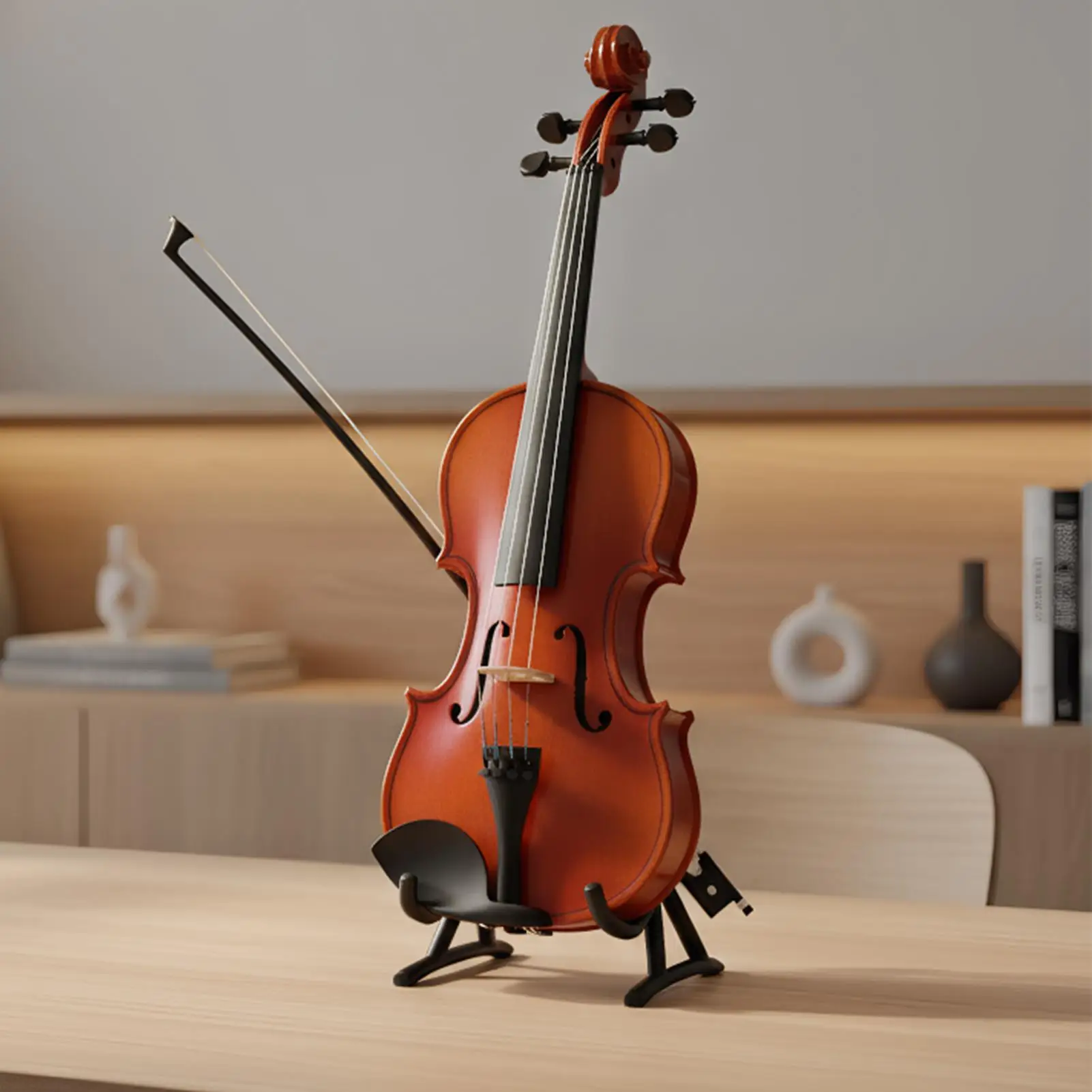 Mini Violin with Sad Music 5 Inch Doll House Decoration Desktop Decor Instrument Model for Children Bedroom Bedside Bookcase